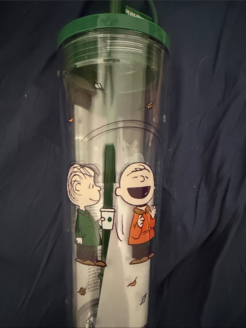 Starbucks Clear Tumbler with Green Lid and Orange Character Accents